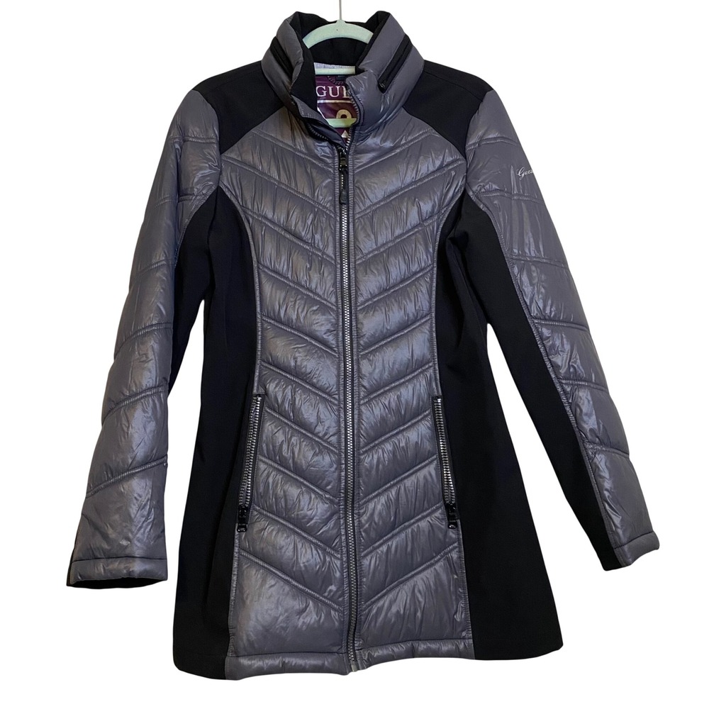 Guess Women Mixed Media Puffer Jacket Grey Black Chevron Quilted Small